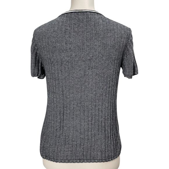 St. John Women's Short Sleeve Sweater Black & White Striped Ribbed Knit - Medium - Picture 5 of 9